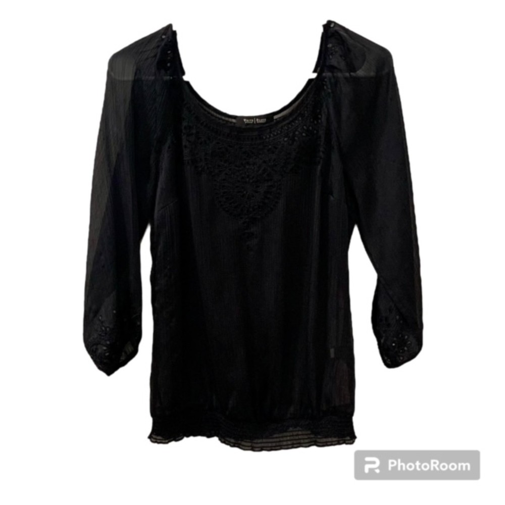 White House Black Market Womens Black Sheer Embroidered Neck Long Sleeve Top XS